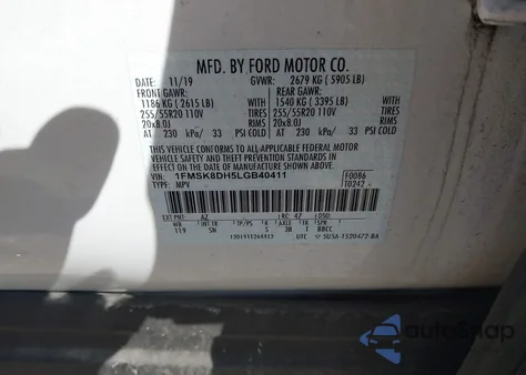 2020 Ford Explorer Xlt z USA, uszkodzony, nr VIN 1FMSK8DH5LGB40411